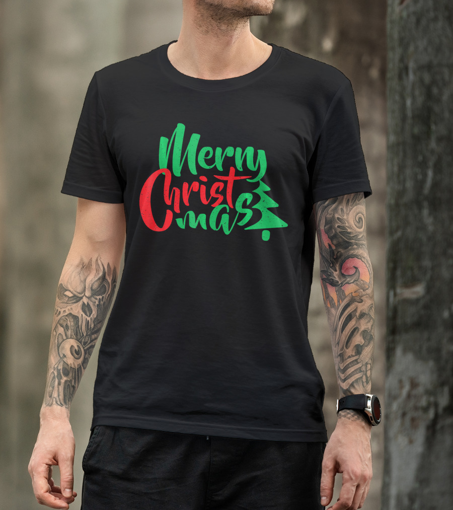 Merry Christmas Tree Design In Festive Red And Green T-Shirt