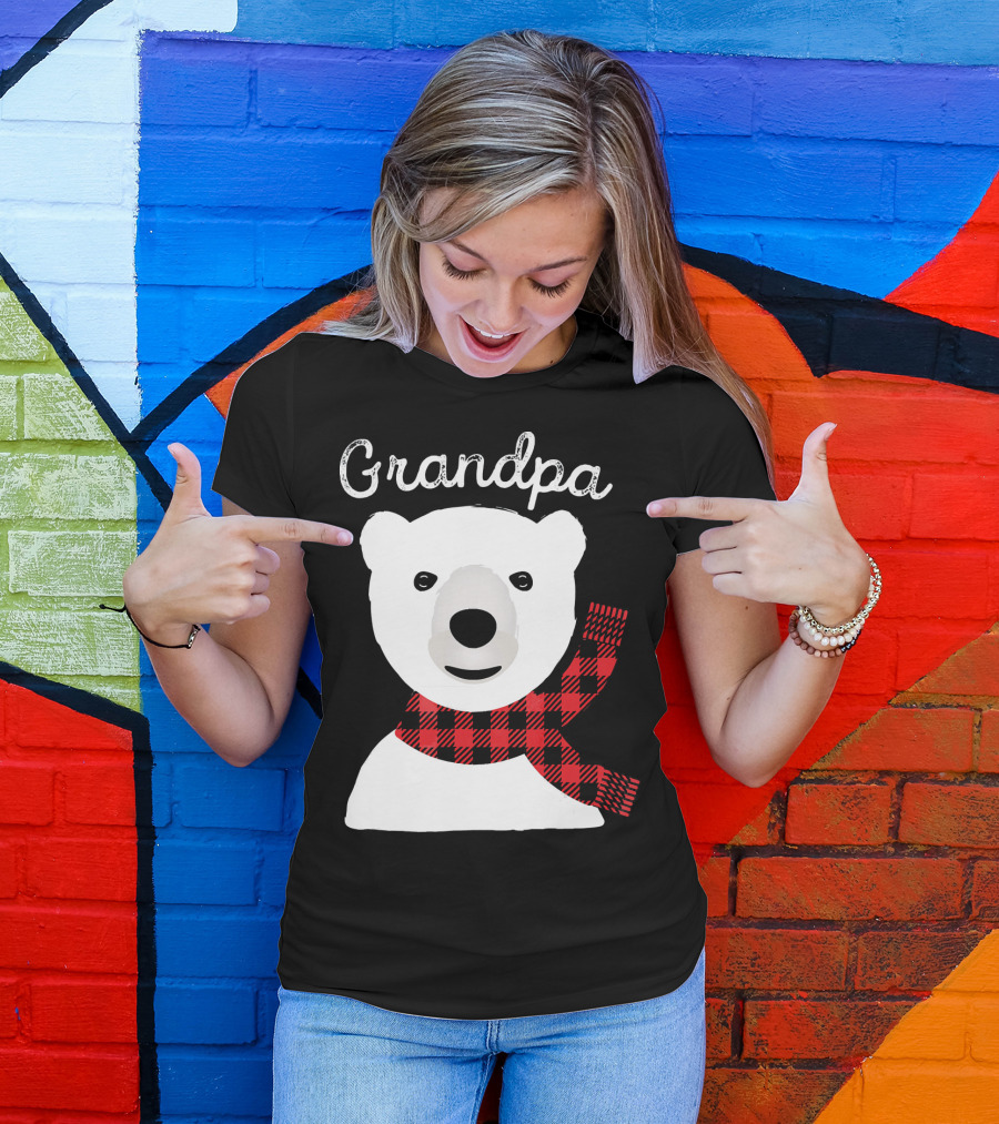 Grandpa Christmas Bear With Red Plaid Scarf Family Matching T-Shirt
