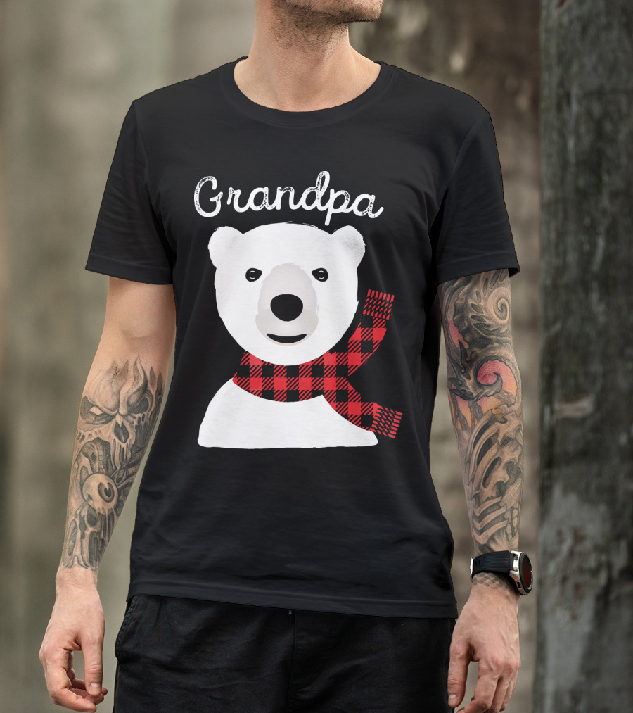 Grandpa Christmas Bear With Red Plaid Scarf Family Matching T-Shirt
