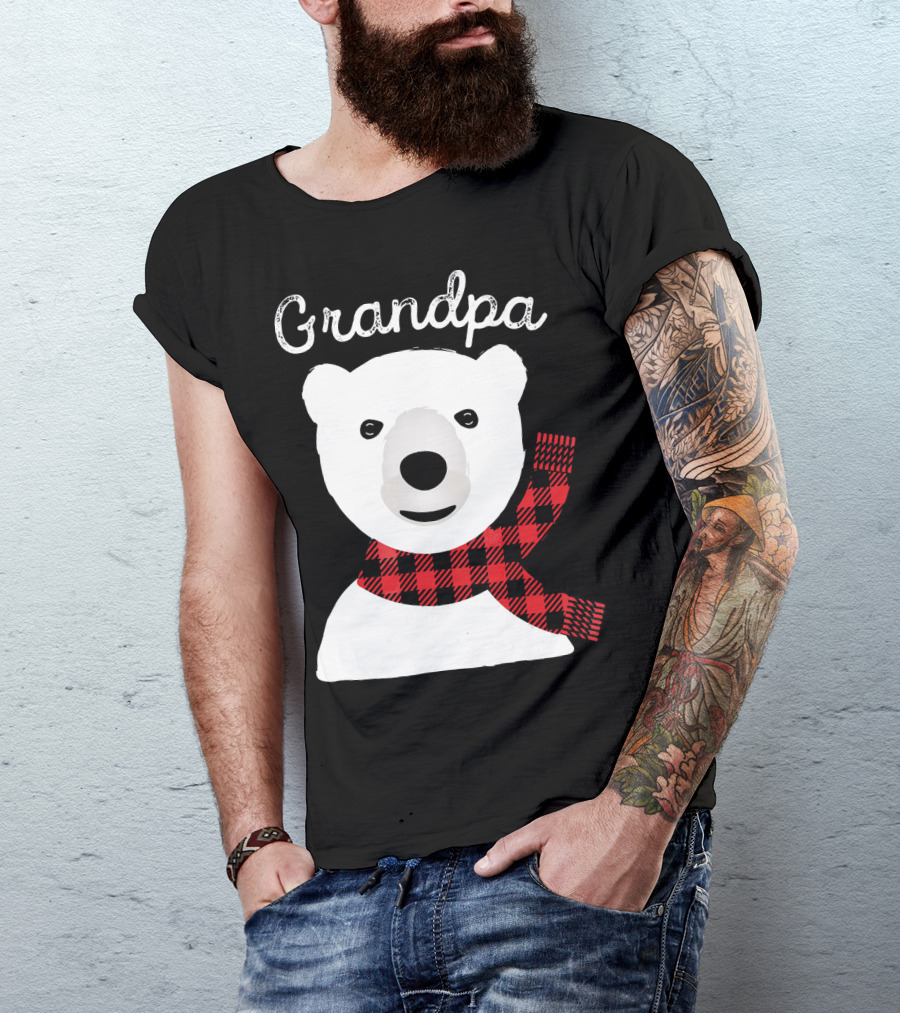 Grandpa Christmas Bear With Red Plaid Scarf Family Matching T-Shirt