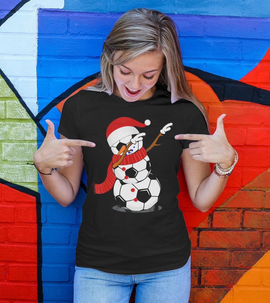 Festive Soccer Ball Dabbing Snowman With Santa Hat And Scarf T-Shirt