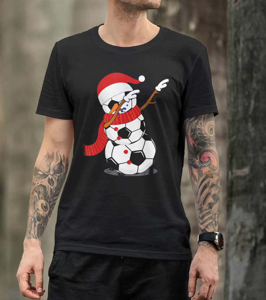 Festive Soccer Ball Dabbing Snowman With Santa Hat And Scarf T-Shirt
