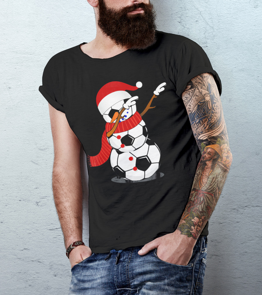 Festive Soccer Ball Dabbing Snowman With Santa Hat And Scarf T-Shirt