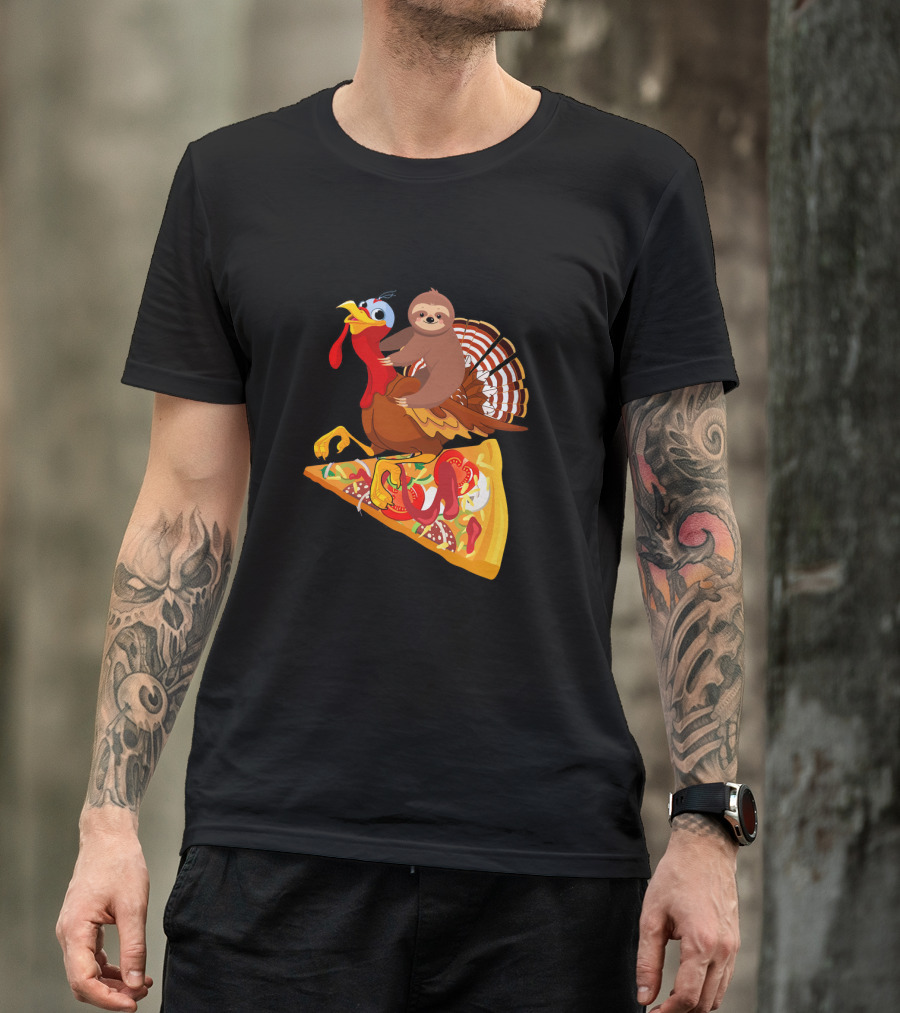 Sloth Riding Turkey On Pizza Slice Surreal Fun T-Shirt