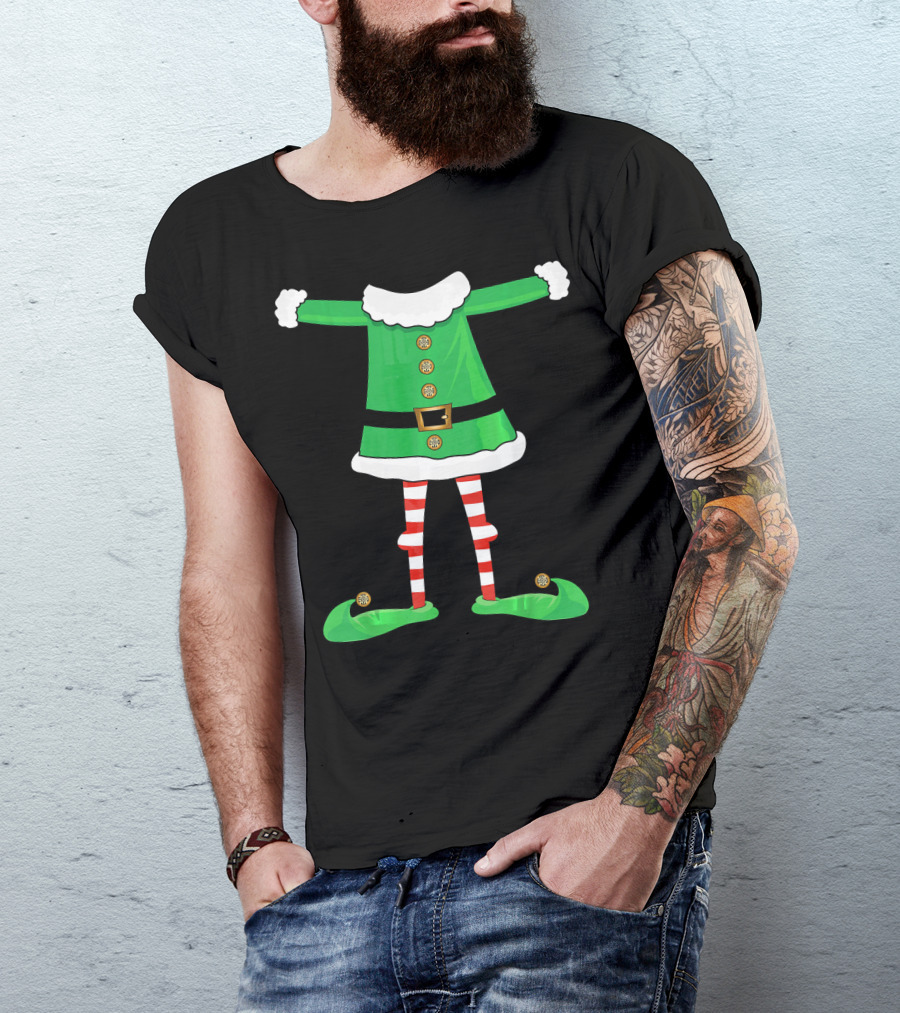Santa Elf Suit Green Costume With Red Striped Tights And Green Shoes T-Shirt