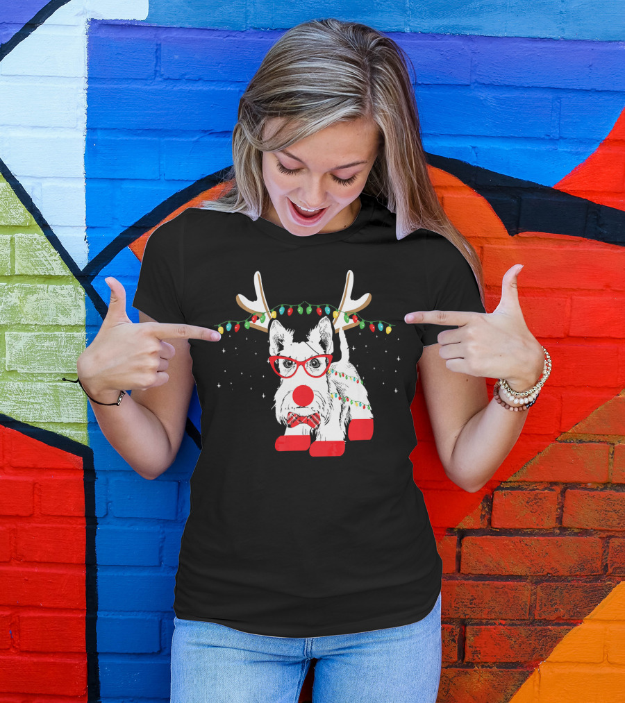 Scottie Dog Christmas Reindeer Lights And Bow Tie T-Shirt