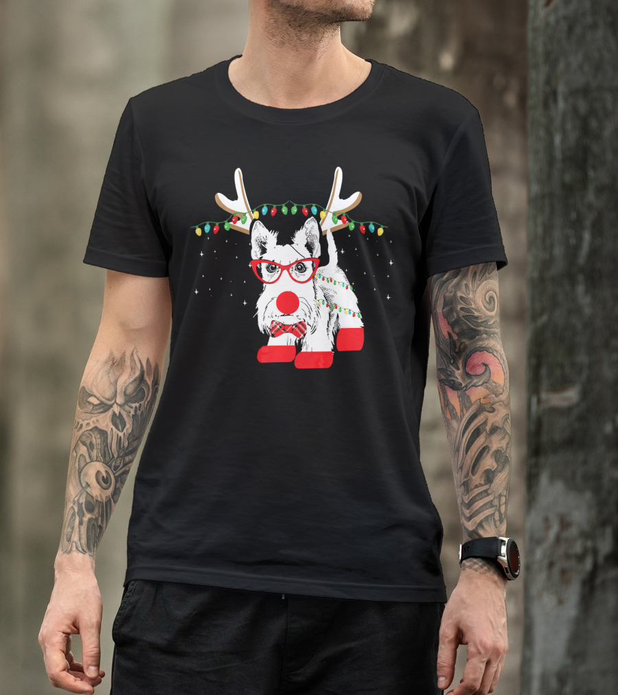 Scottie Dog Christmas Reindeer Lights And Bow Tie T-Shirt
