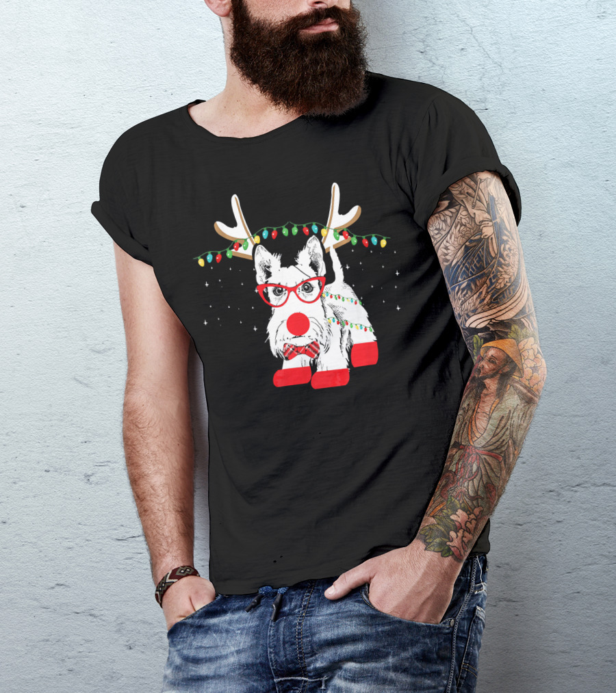 Scottie Dog Christmas Reindeer Lights And Bow Tie T-Shirt