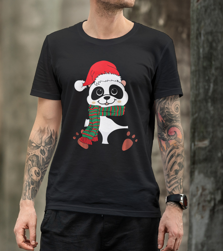 Christmas Panda In Santa Hat And Scarf Winter Vacation T-Shirt
