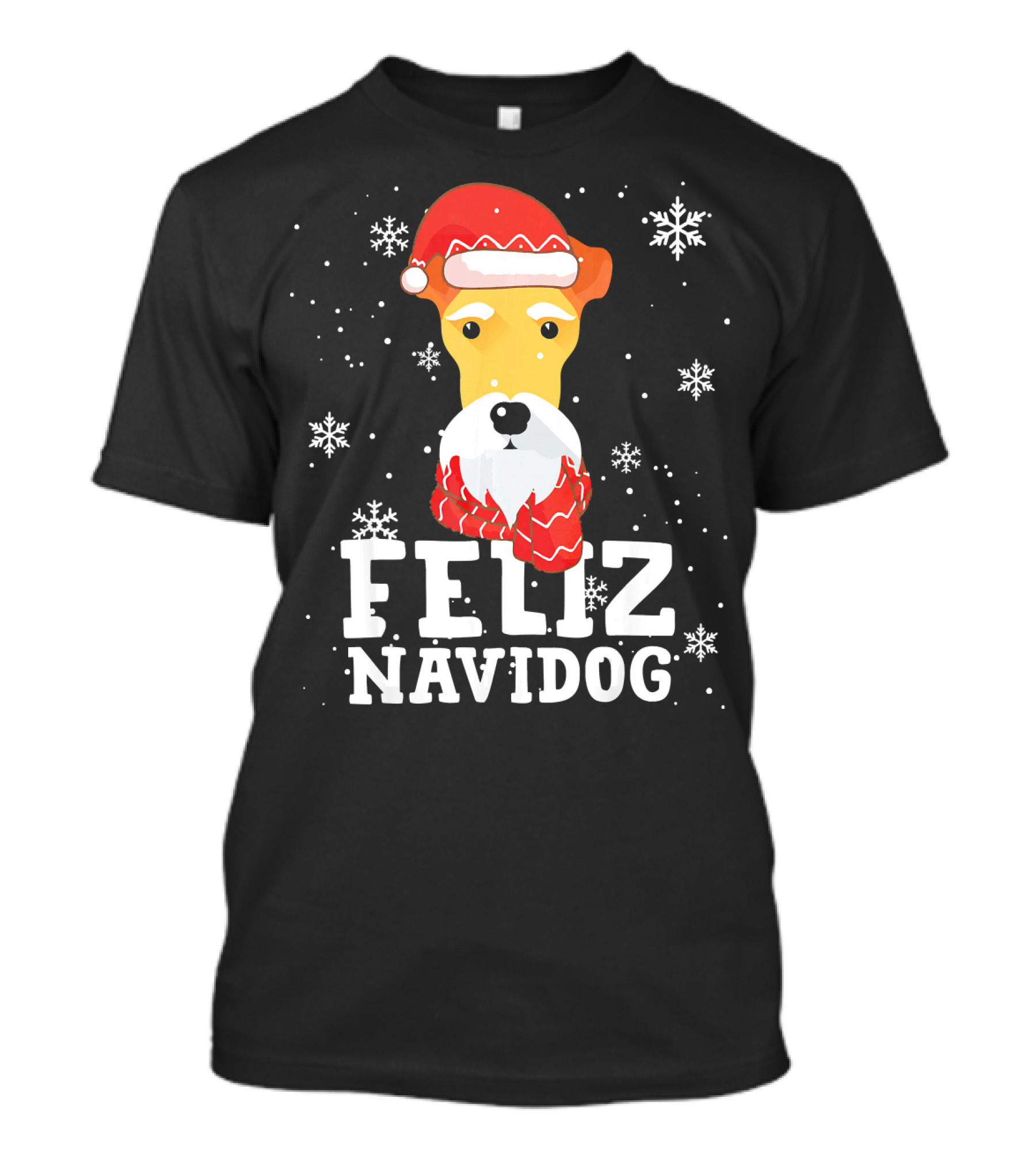 Feliz Navidog Fox Terrier Wire Dog Santa Hat Snowflakes T-Shirt