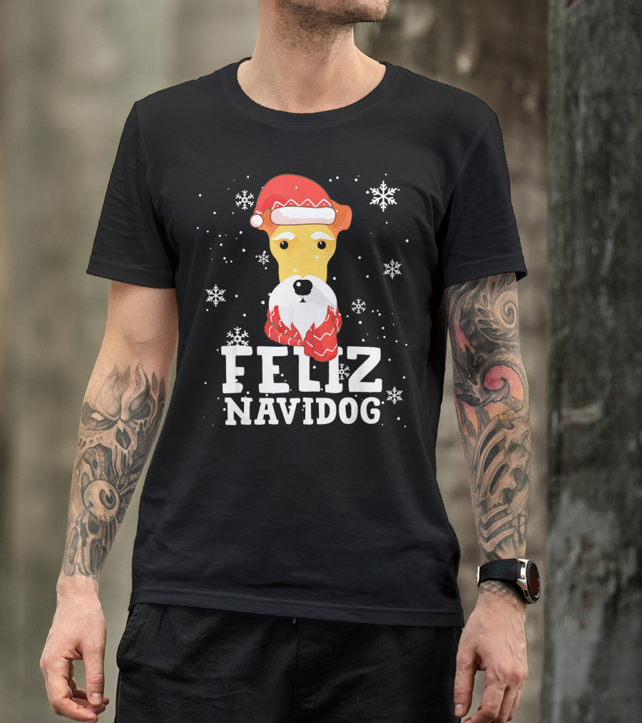 Feliz Navidog Fox Terrier Wire Dog Santa Hat Snowflakes T-Shirt