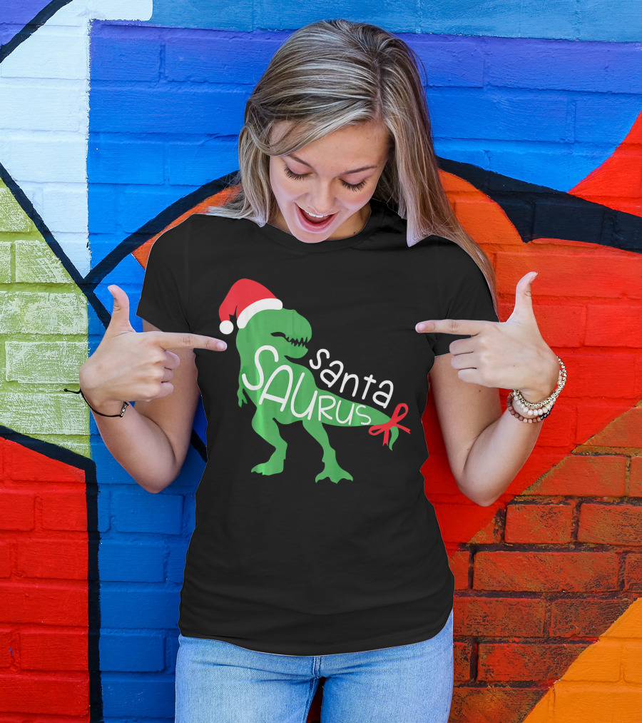 T Rex Dinosaur Santa Saurus Merry Funny Christmas Hat T-Shirt
