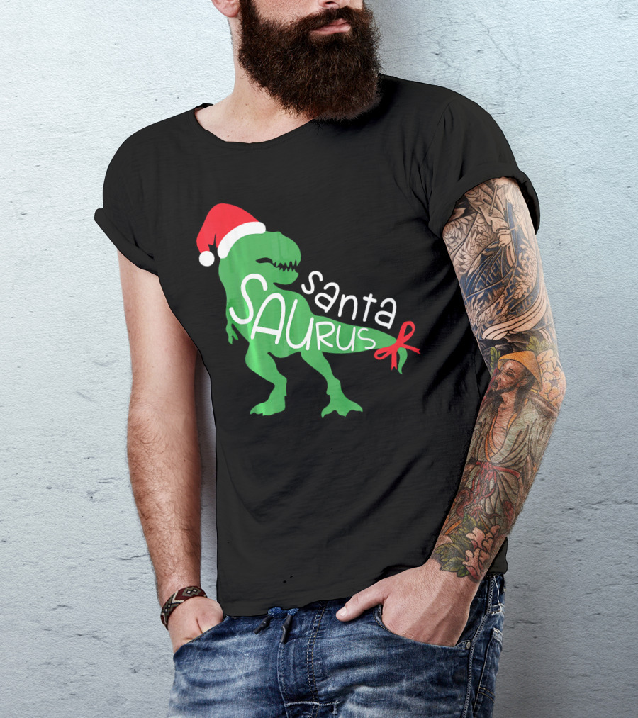 T Rex Dinosaur Santa Saurus Merry Funny Christmas Hat T-Shirt