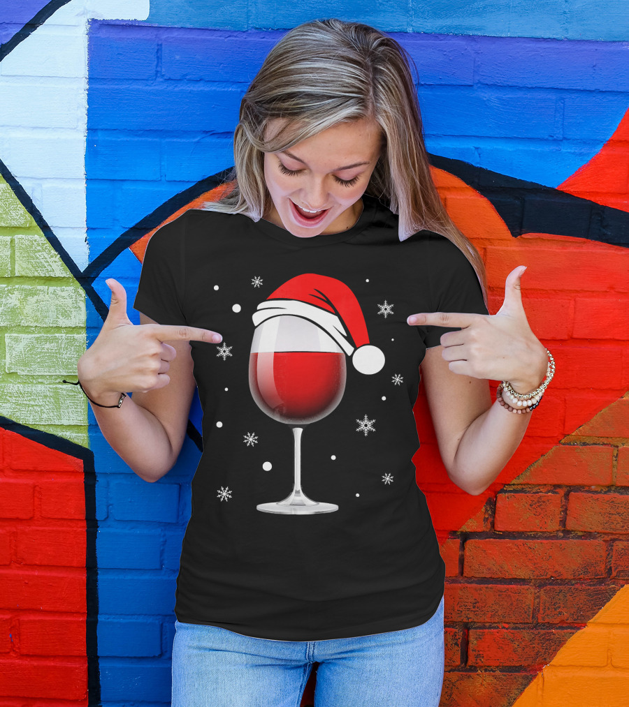 Santa Hat Wine Glass Funny Christmas Holid Snowflakes T-Shirt