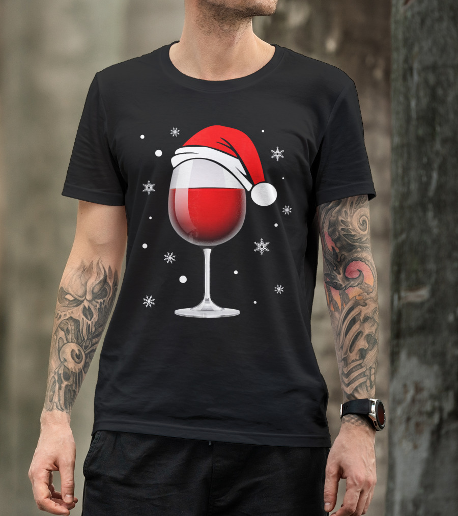 Santa Hat Wine Glass Funny Christmas Holid Snowflakes T-Shirt