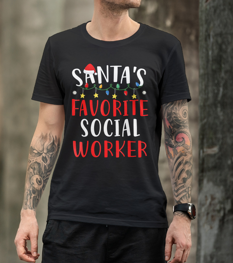 Santa's Favorite Social Worker Christmas Lights Festive Snowflakes Stars T-Shirt
