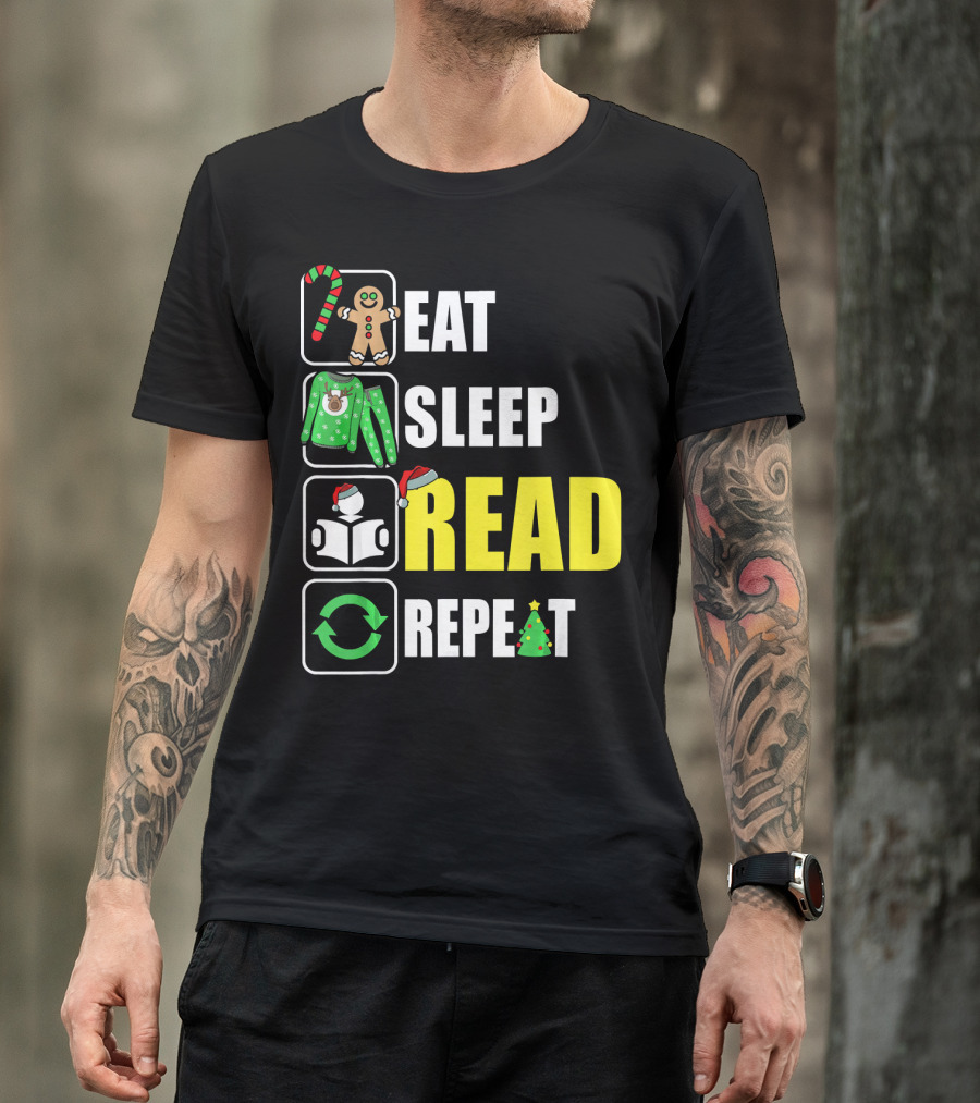 Eat Sleep Read Repeat Christmas Gingerbread Candy Cane Sweater Book Tree T-Shirt
