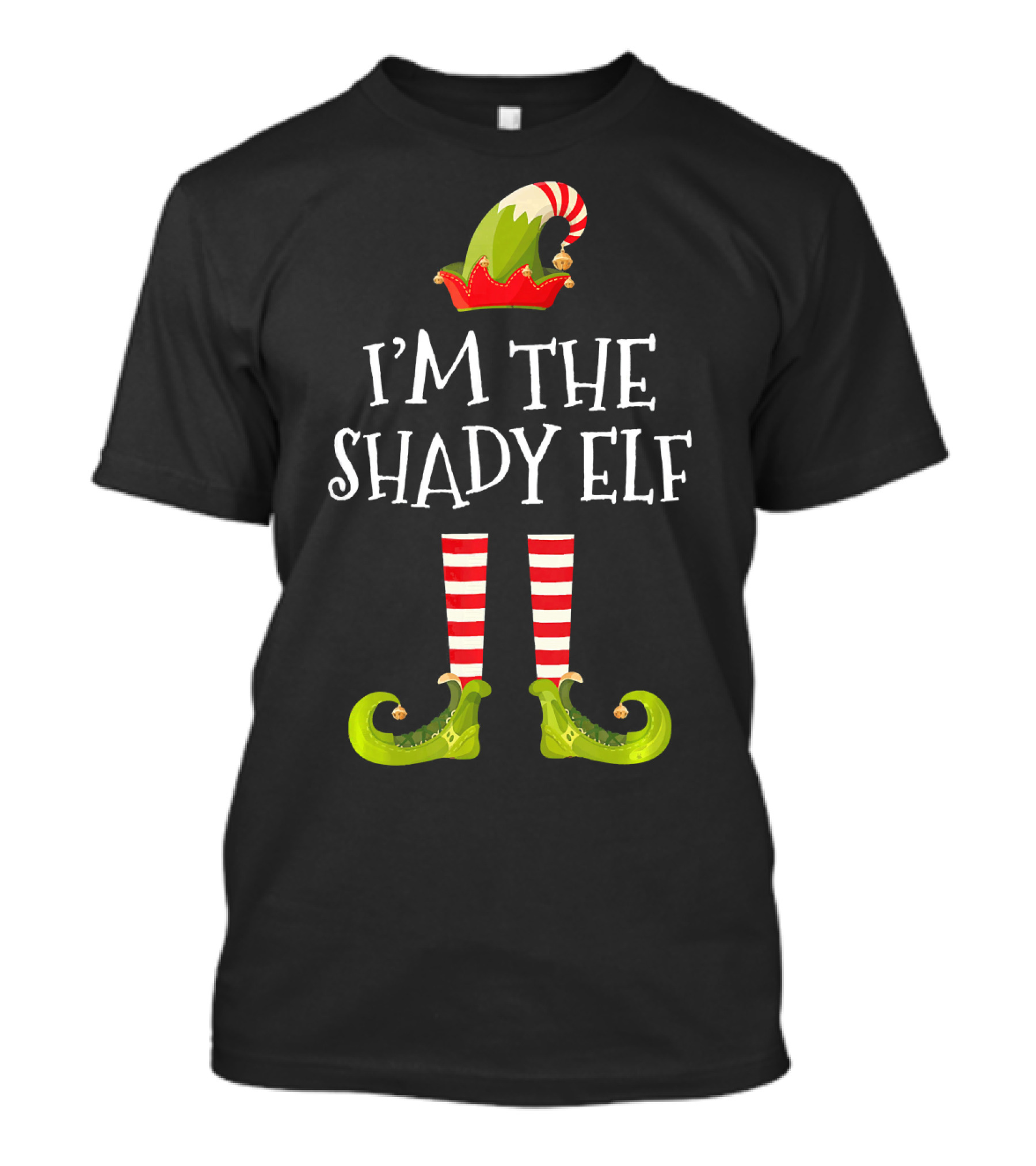 I'm The Shady Elf Christmas Costume Striped Socks Festive Hat Green Shoes T-Shirt