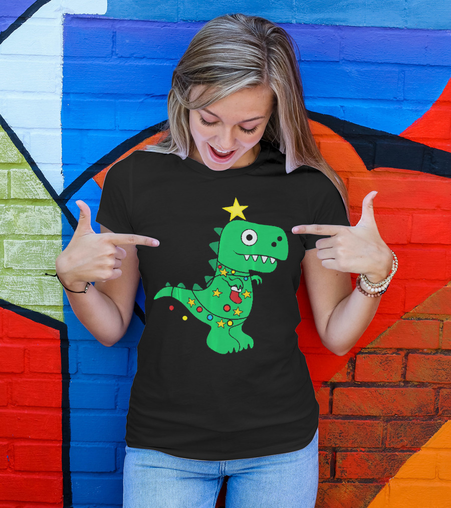 Christmas Dinosaur Rex With Star And Lights T-Shirt