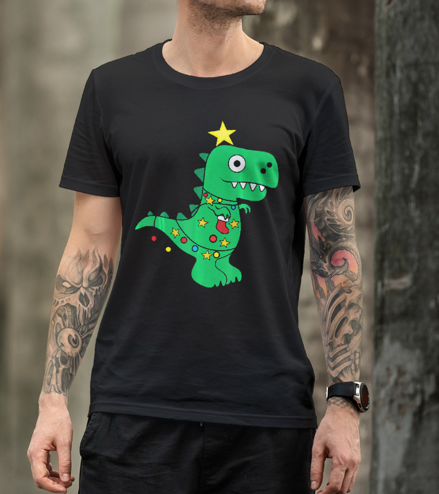 Christmas Dinosaur Rex With Star And Lights T-Shirt