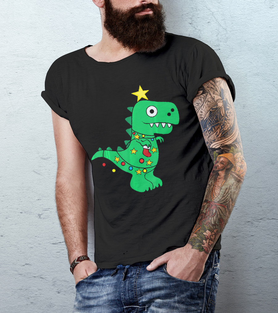 Christmas Dinosaur Rex With Star And Lights T-Shirt