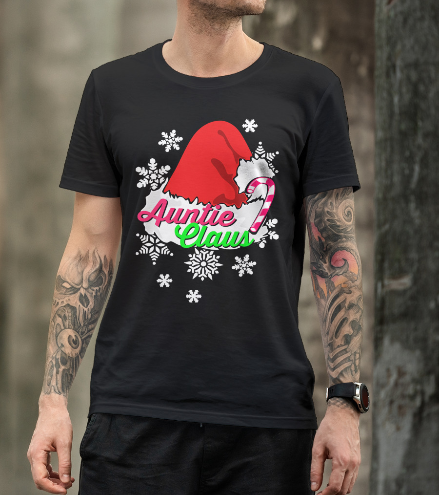 Auntie Claus Christmas Candy Cane Snowflakes Santa Hat T-Shirt