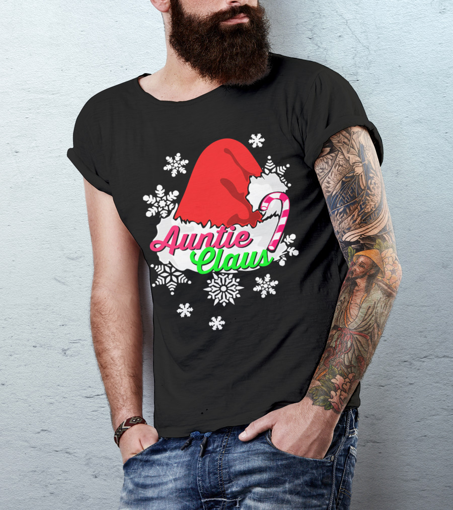 Auntie Claus Christmas Candy Cane Snowflakes Santa Hat T-Shirt