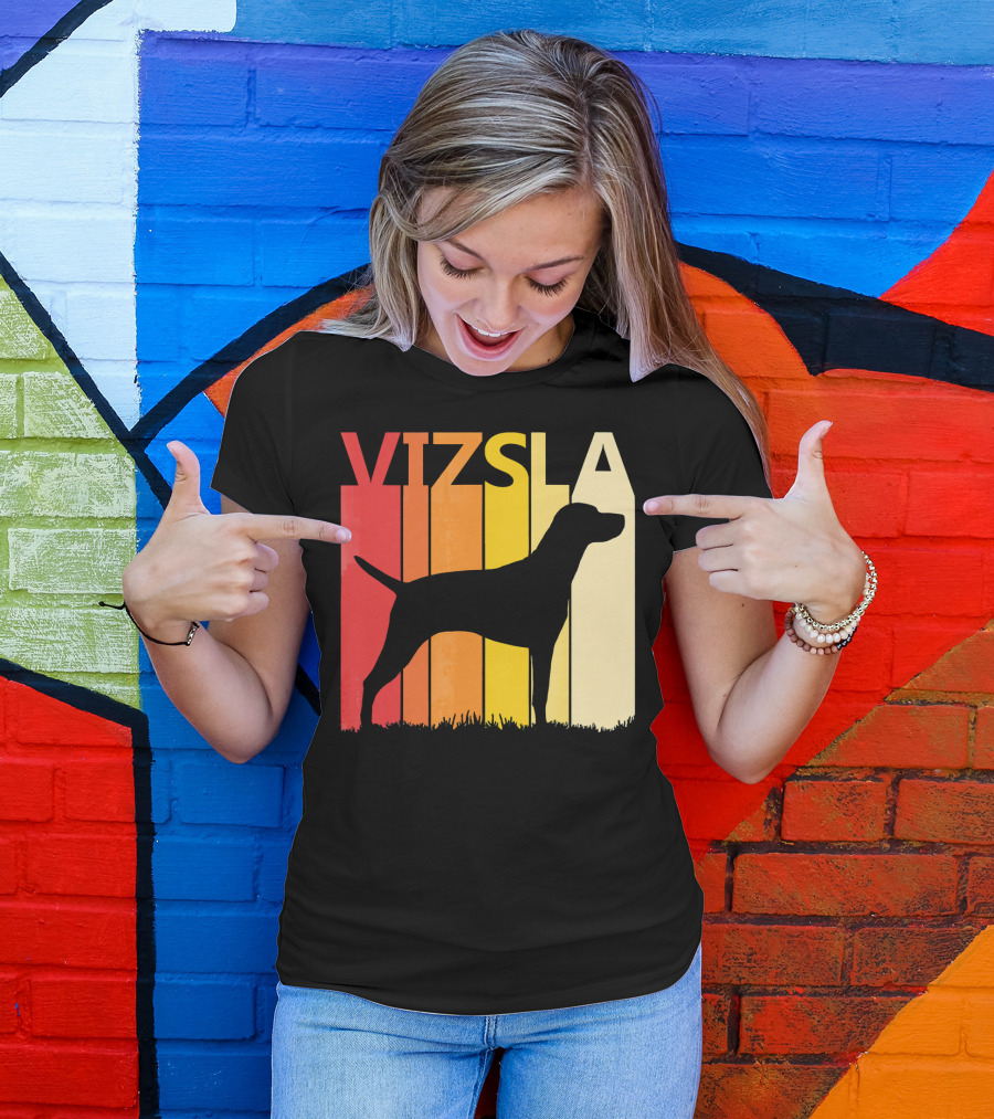 Retro Vizsla Dog Silhouette With Gradient Stripes T-Shirt