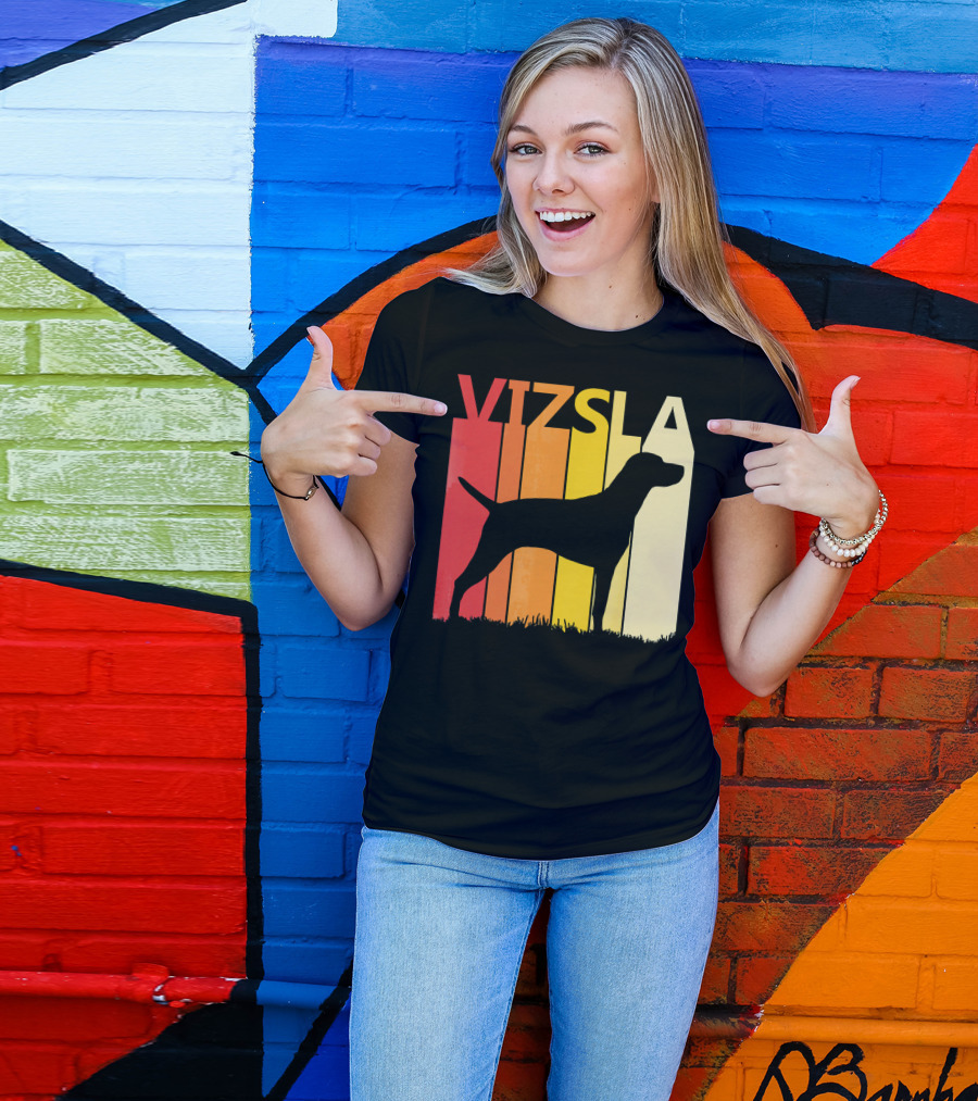 Retro Vizsla Dog Silhouette With Gradient Stripes T-Shirt