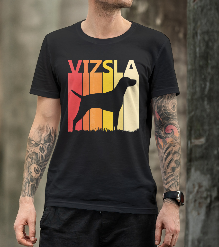 Retro Vizsla Dog Silhouette With Gradient Stripes T-Shirt