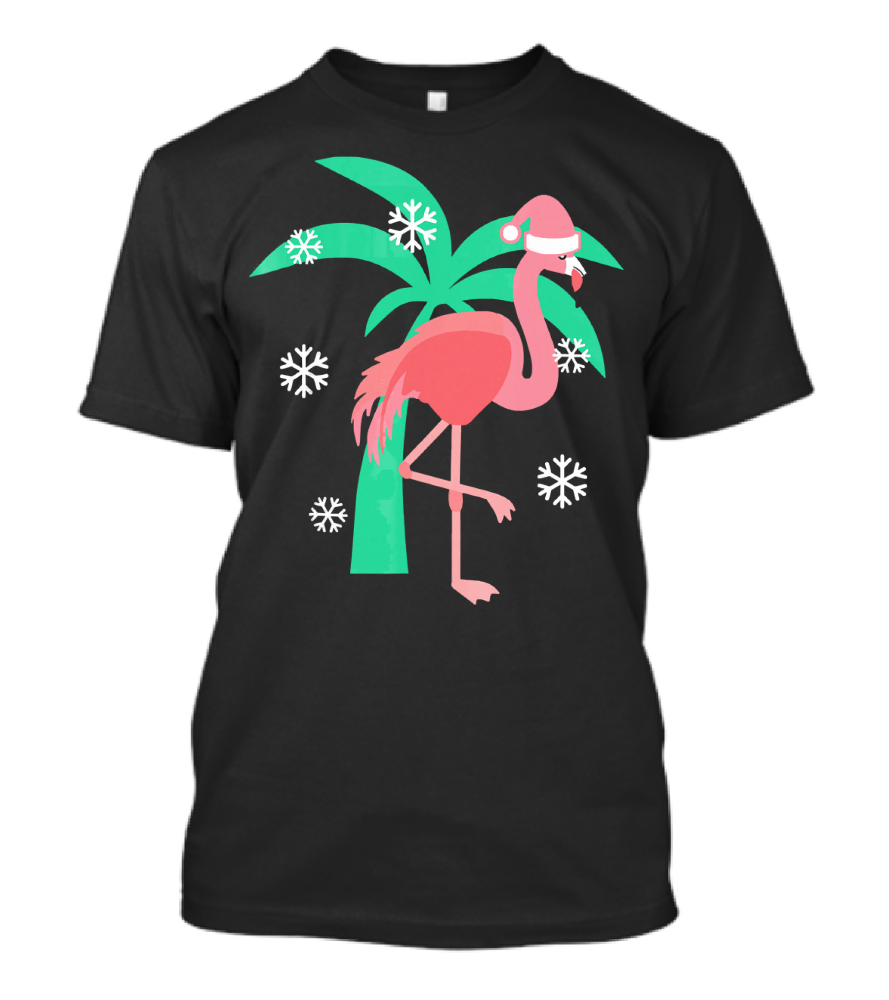 Pink Flamingo With Santa Hat And Palm Tree Snowflakes Christmas T-Shirt