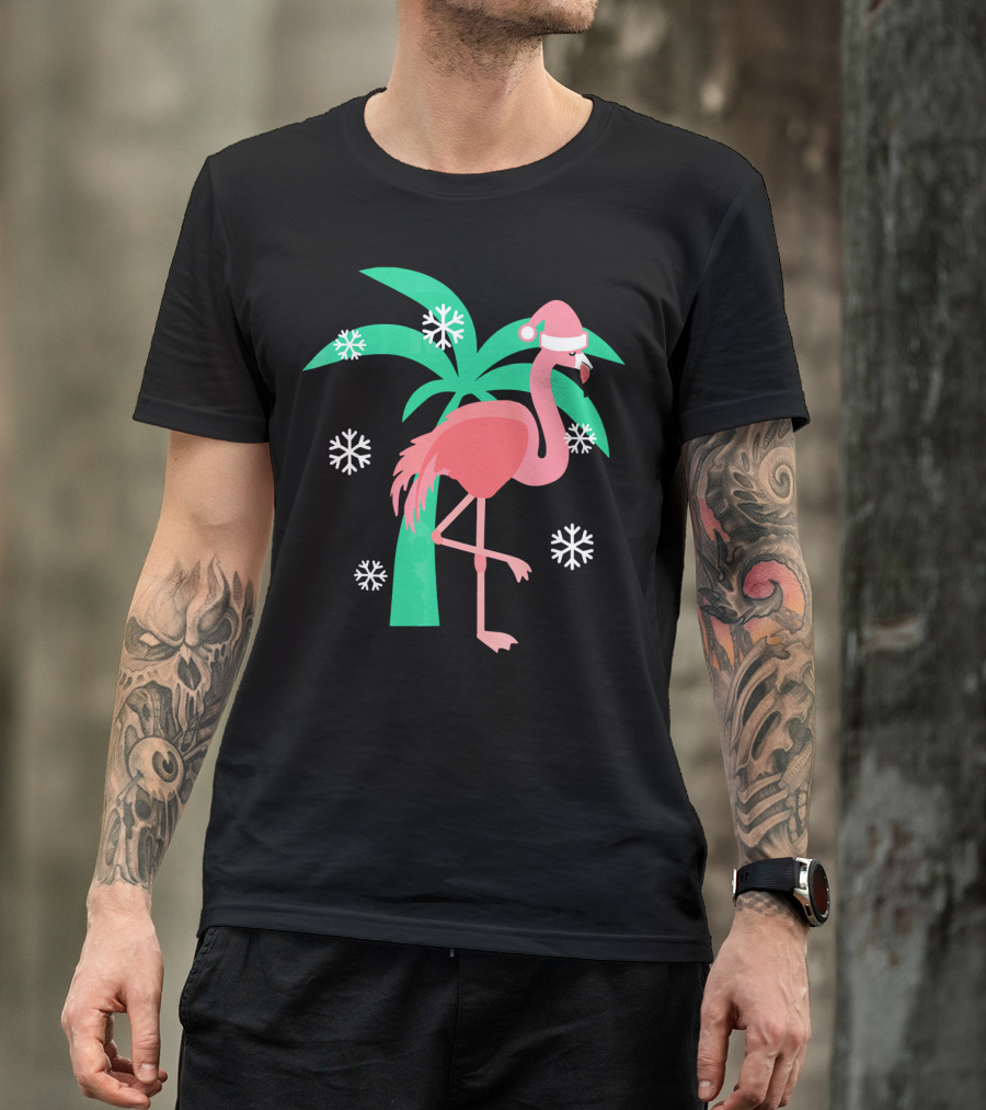 Pink Flamingo With Santa Hat And Palm Tree Snowflakes Christmas T-Shirt