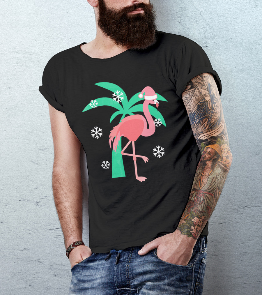 Pink Flamingo With Santa Hat And Palm Tree Snowflakes Christmas T-Shirt
