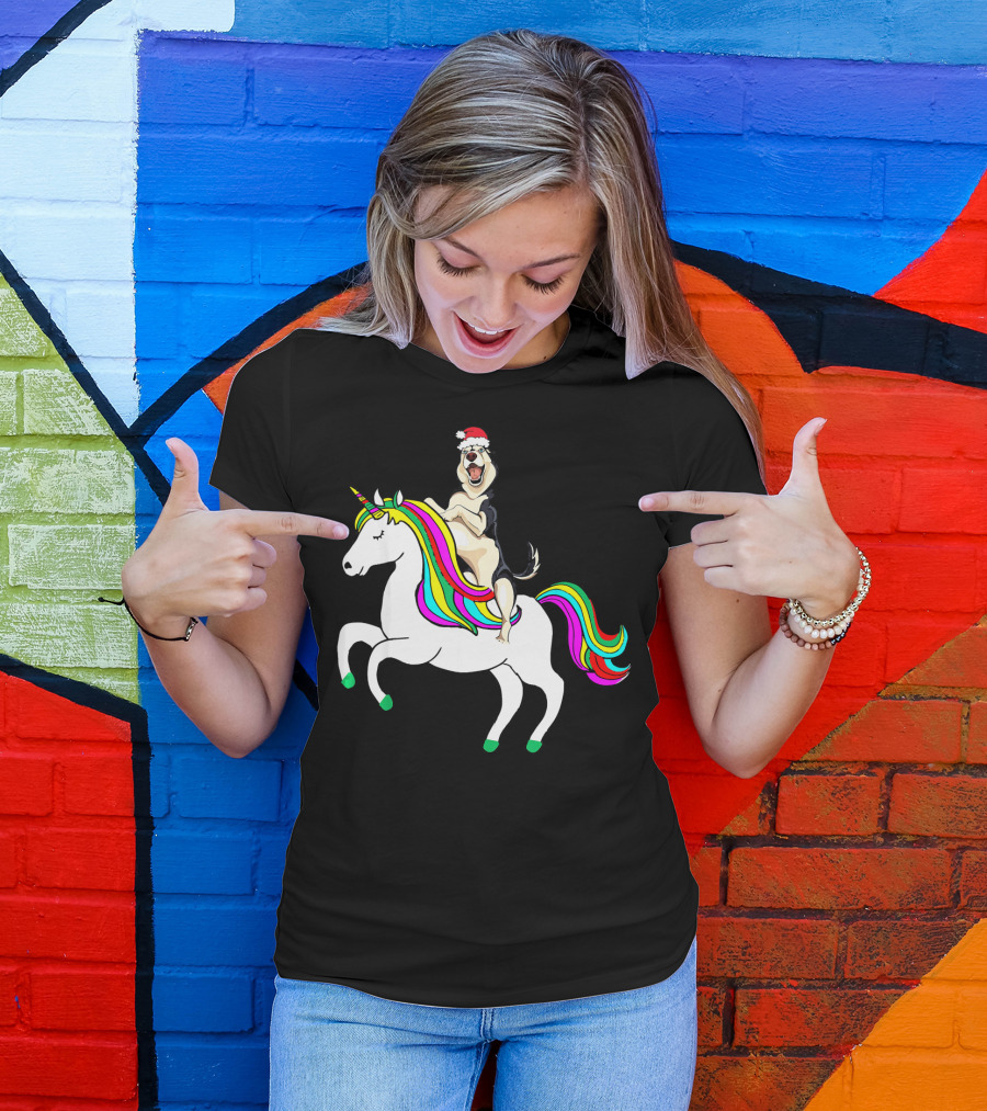 Pug Christmas Dog Riding Rainbow Unicorn T-Shirt
