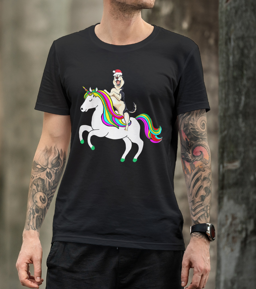 Pug Christmas Dog Riding Rainbow Unicorn T-Shirt