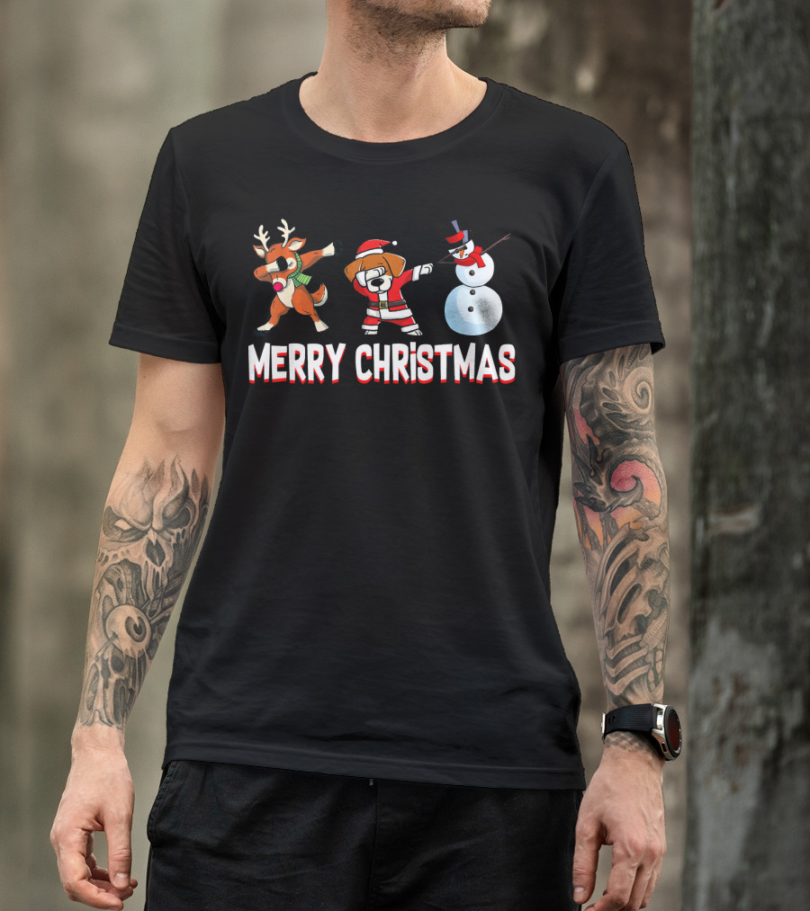 Merry Christmas Reindeer Santa Dog And Snowman T-Shirt