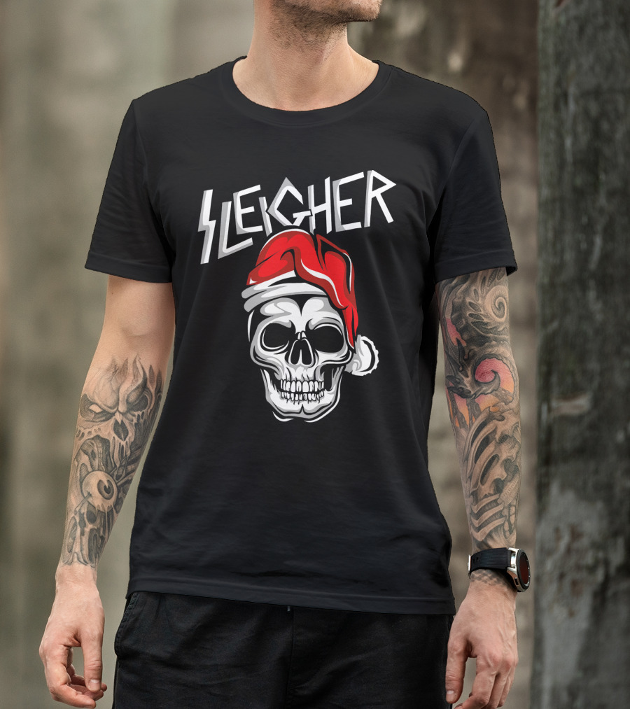 Sleigher Heavy Metal Music Skull With Santa Hat T-Shirt