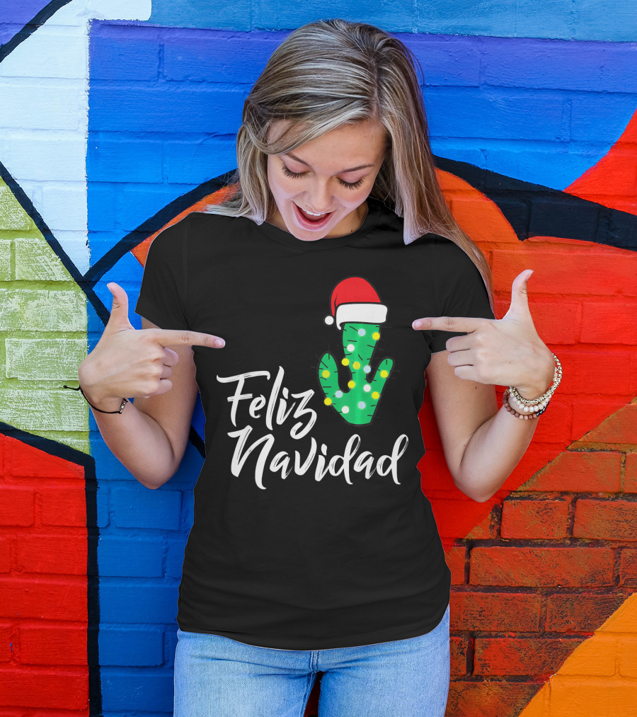 Feliz Navidad Cactus With Santa Hat And Christmas Lights T-Shirt