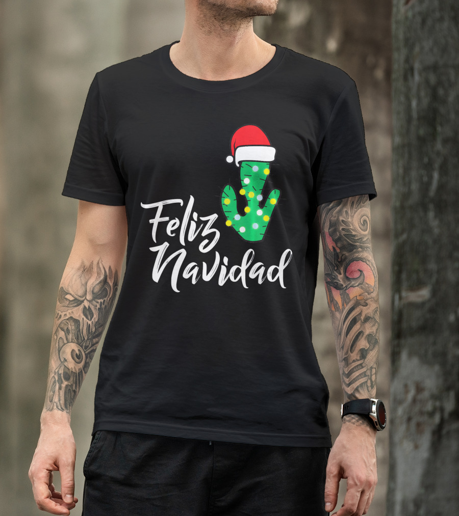 Feliz Navidad Cactus With Santa Hat And Christmas Lights T-Shirt