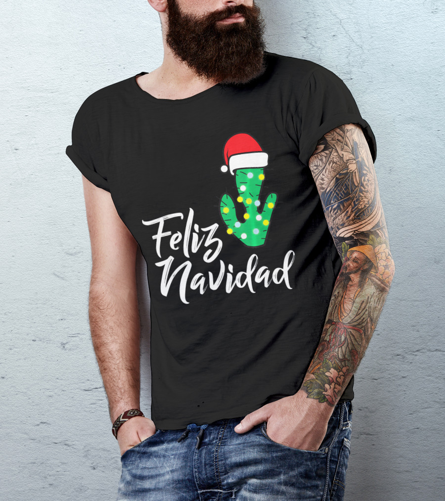 Feliz Navidad Cactus With Santa Hat And Christmas Lights T-Shirt
