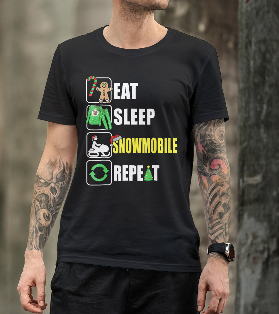 Eat Sleep Snowmobile Repeat Christmas Holiday Icons Gingerbread Sweater Candy Cane T-Shirt