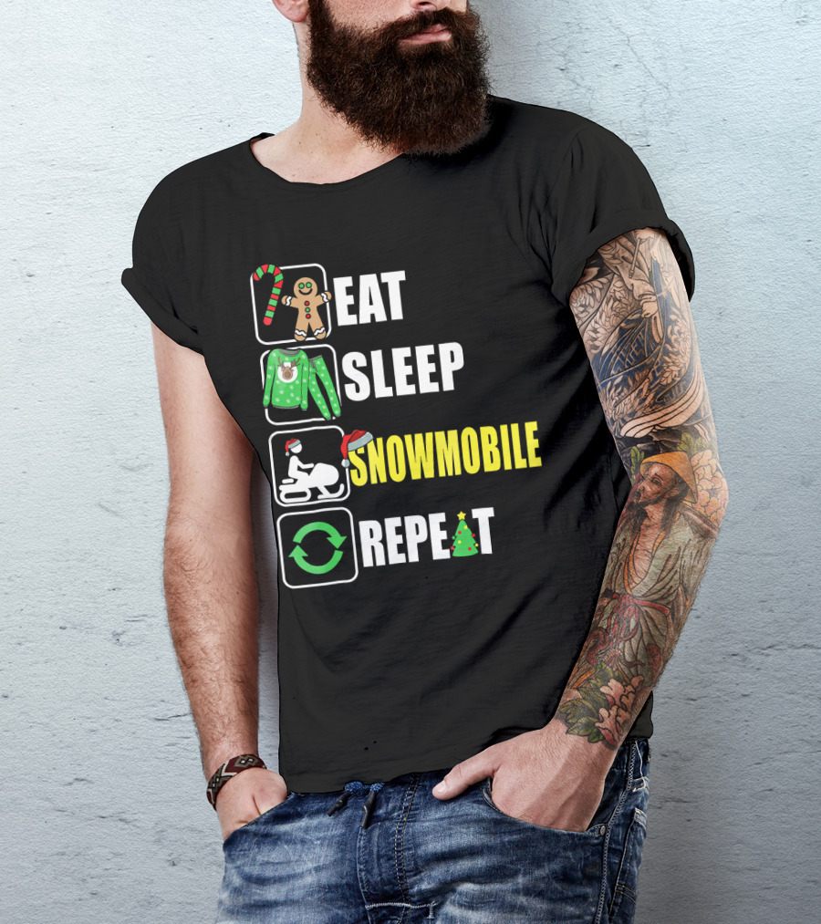 Eat Sleep Snowmobile Repeat Christmas Holiday Icons Gingerbread Sweater Candy Cane T-Shirt