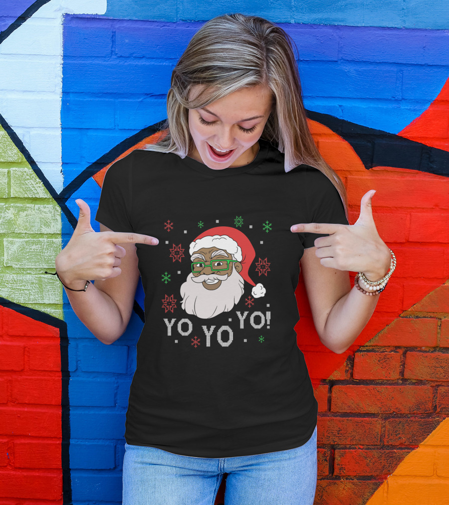 Yo Yo Yo Fun Black Santa Claus Christmas Snowflakes Glasses T-Shirt