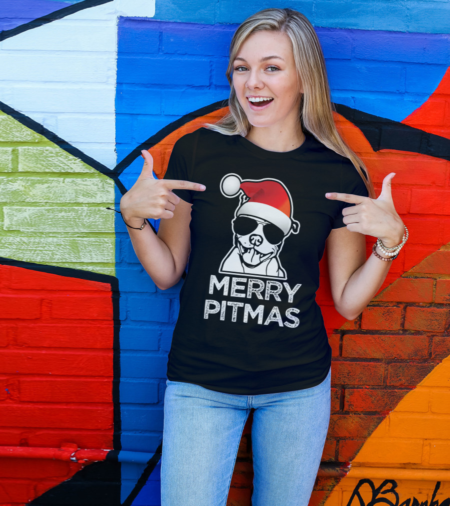 Merry Pitmas Funny Christmas Pitbull With Santa Hat And Sunglasses T-Shirt
