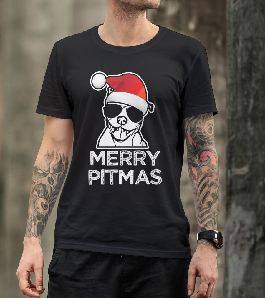 Merry Pitmas Funny Christmas Pitbull With Santa Hat And Sunglasses T-Shirt
