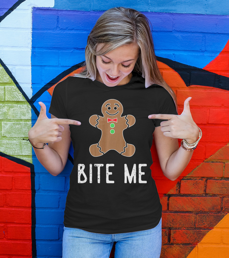Bite Me Gingerbread Cookie Red Bow Tie Green Buttons T-Shirt