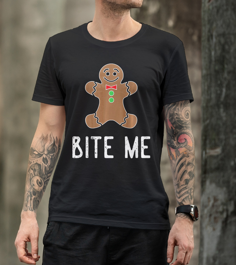 Bite Me Gingerbread Cookie Red Bow Tie Green Buttons T-Shirt