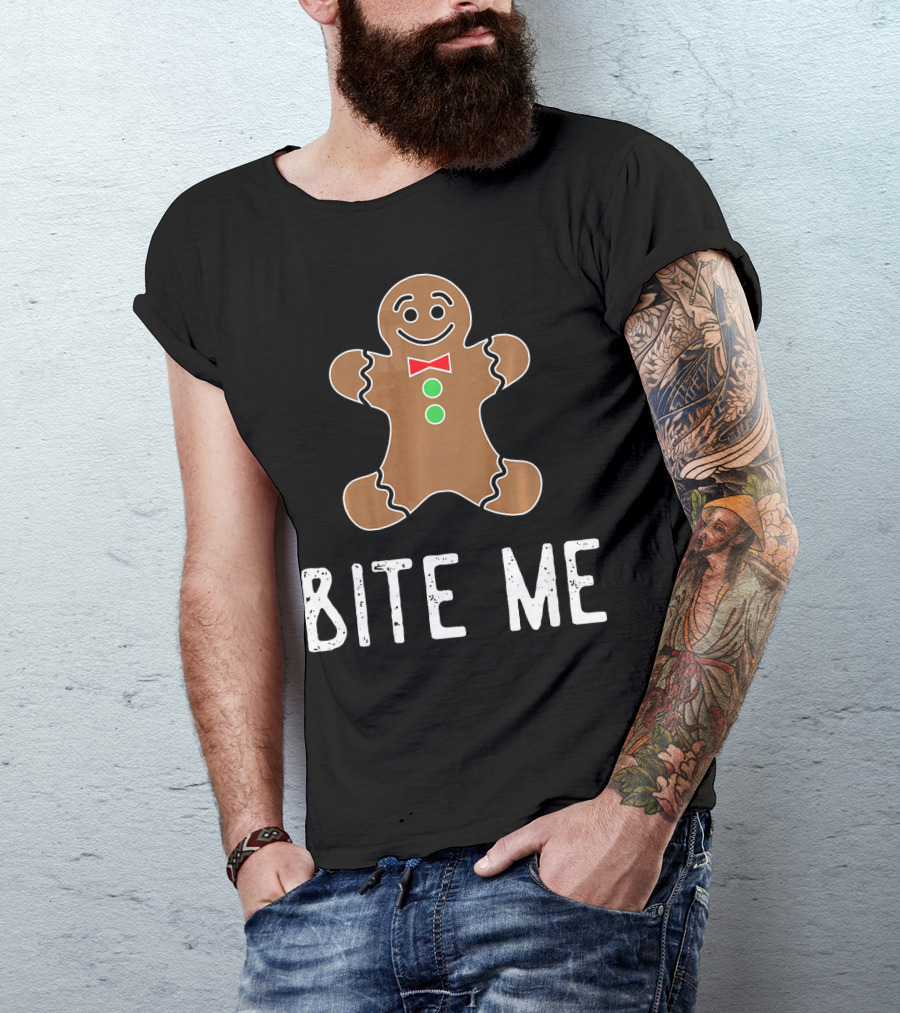 Bite Me Gingerbread Cookie Red Bow Tie Green Buttons T-Shirt