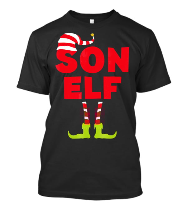Son Elf Matching Christmas Costume Striped Hat And Socks T-Shirt