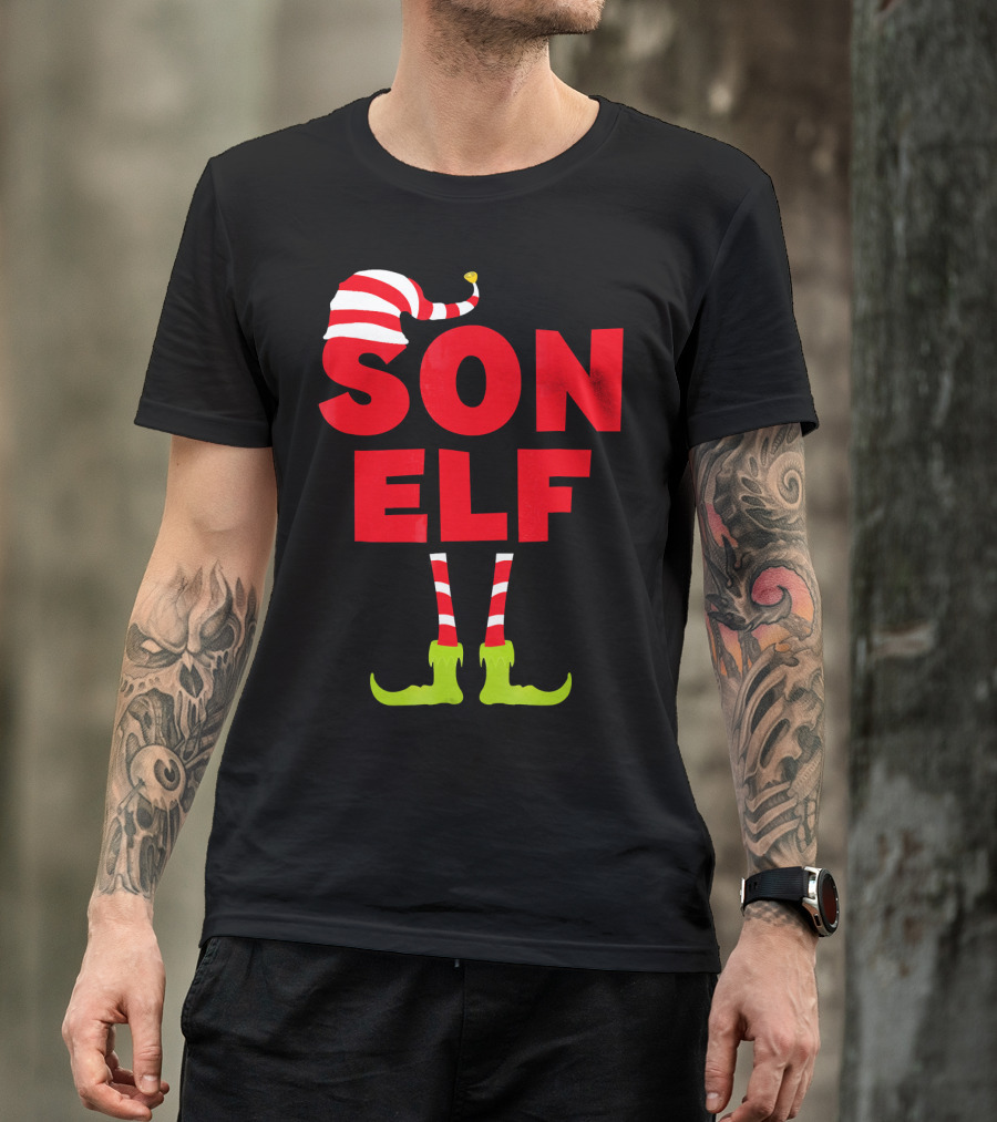 Son Elf Matching Christmas Costume Striped Hat And Socks T-Shirt